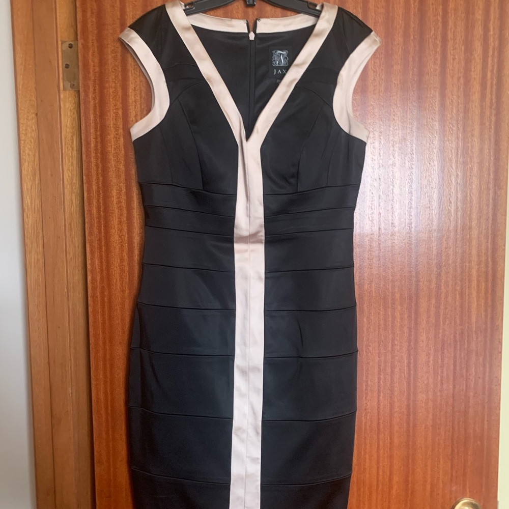 JAYGODFREY Black and Cream Bodycon Midi Dress V-Neck